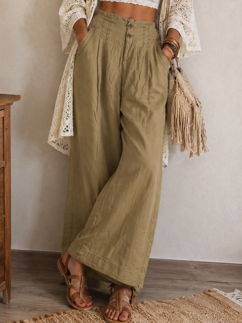 Sundance Women’s Linen Blend Wide Leg High Rise Valles Pants in Tan Khaki 12